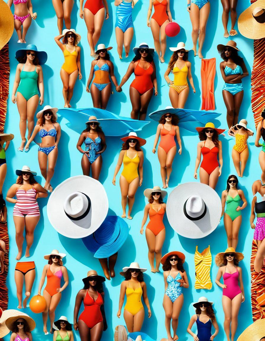 A vibrant beach scene featuring a diverse group of stylish swimsuits on models of different body types, showcasing the latest trends for summer 2023. Include elements like sun hats, sunglasses, and beach accessories, with a backdrop of a sunny coastline and crashing waves. Emphasize bright colors and a playful, fun atmosphere that reflects the joy of summer. ultra-realistic. vibrant colors. sunny beach background.